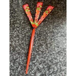 Vtg Japanese Kanzashi Hair Stick  Brown Painted 3 "Fan" On Metal Lacquer